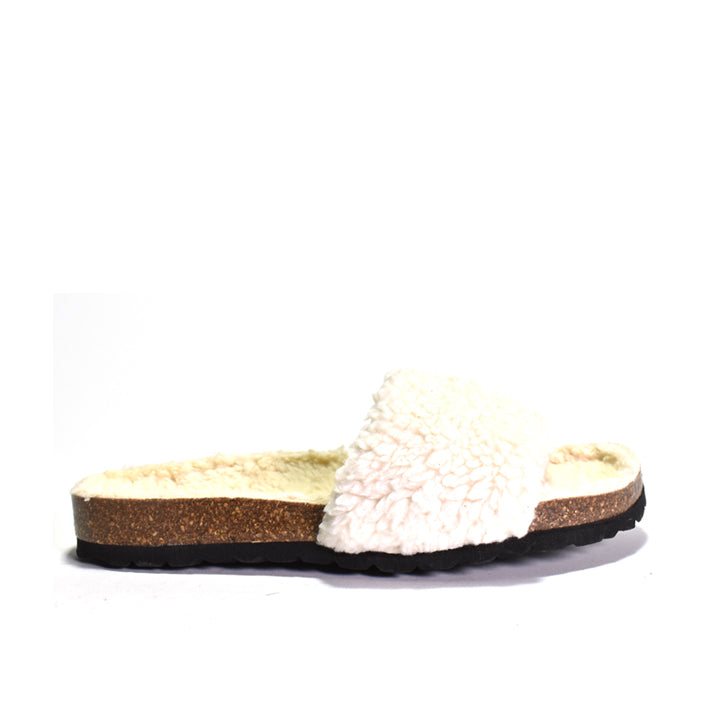 White fuzzy slide sandal on a white background