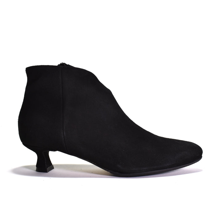 A single black suede ankle boot with a kitten heel, shown in a side profile against a plain white background.