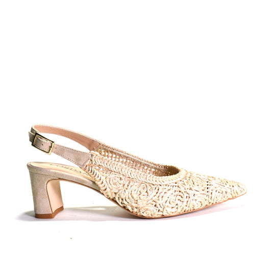 Beige pointed-toe shoe with woven pattern on a white background