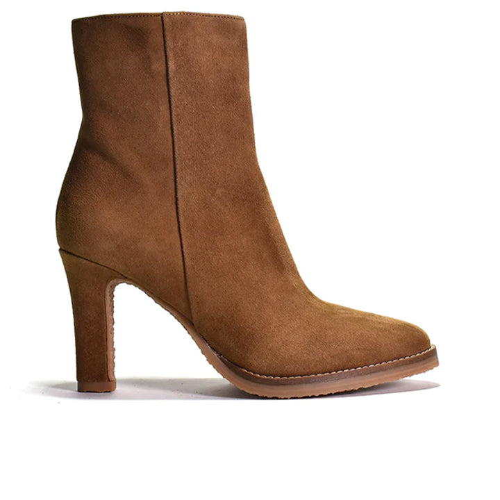 brown suede ankle boot with a wrapped tapered heel and outer sole stitch detail.