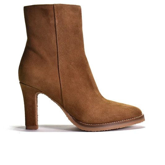 brown suede ankle boot with a wrapped tapered heel and outer sole stitch detail.