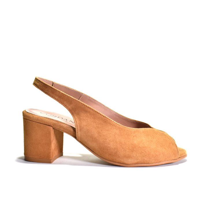 A single tan suede slingback block-heel sandal shown in a side profile on a white background.