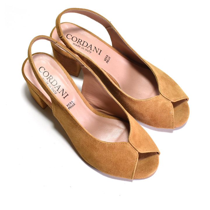 A pair of Cordani suede slingback peep-toe pumps in a warm tan/camel color, displayed on a clean white background.