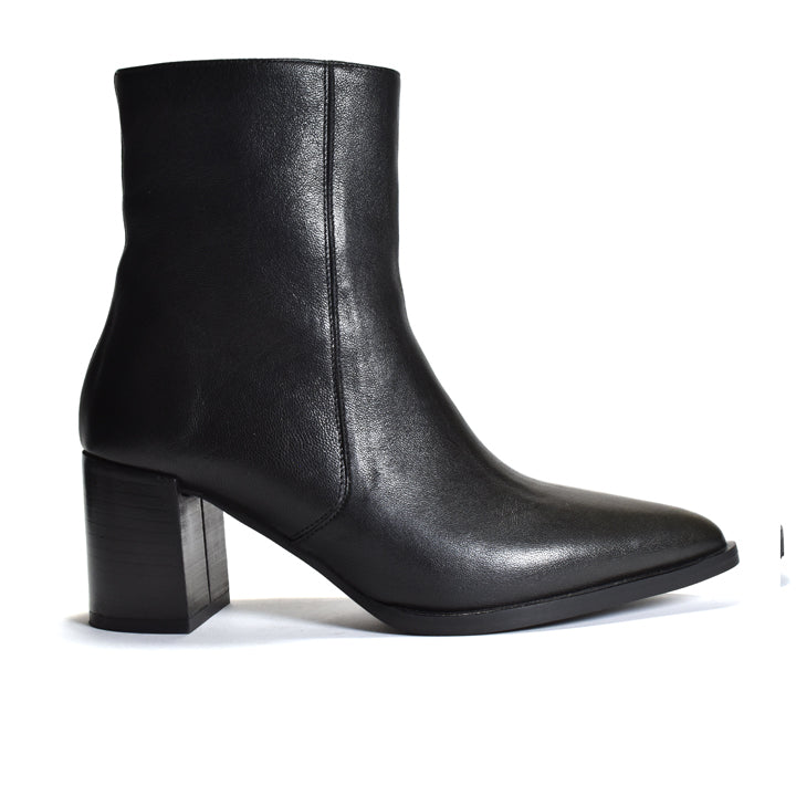 A black leather ankle boot with a pointed toe and a chunky block heel, shown from a side profile on a white background.