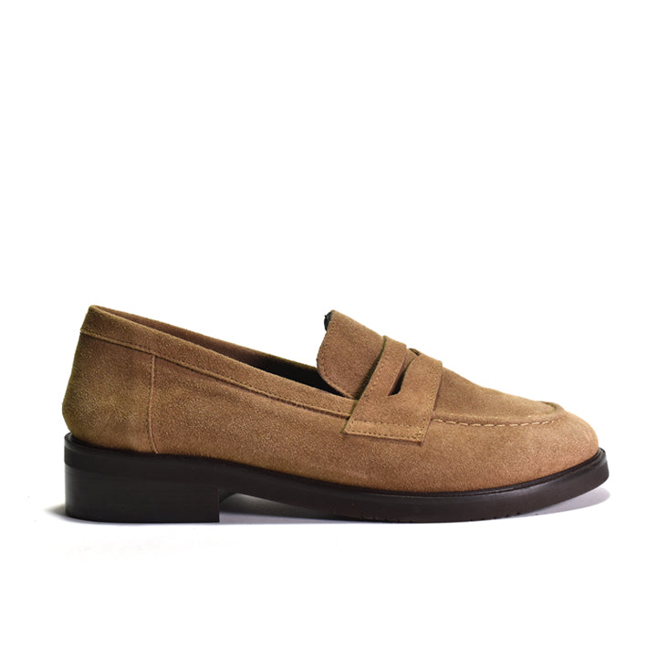 A single tan suede penny loafer shown in a side profile view against a plain white background.