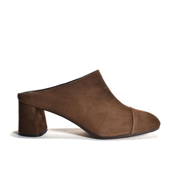 Brown suede mule shoe on a white background