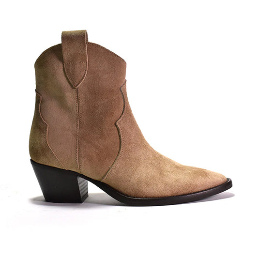 brown suede ankle boot on black heel