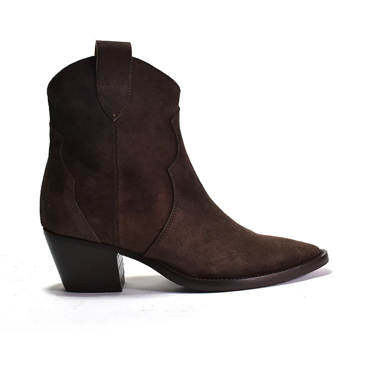 dark brown suede ankle boot on black heel