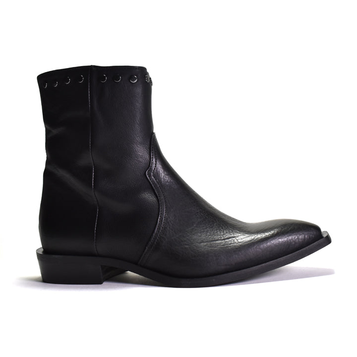 Black leather boot on a white background