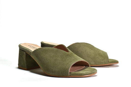 pair of Green suede mule sandal with a wrapped block heel and open toe