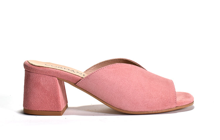 pink suede mule sandal with a wrapped block heel and open toe