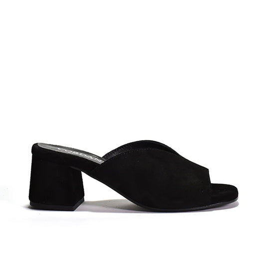 Black suede mule sandal with a wrapped block heel and an open toe box
