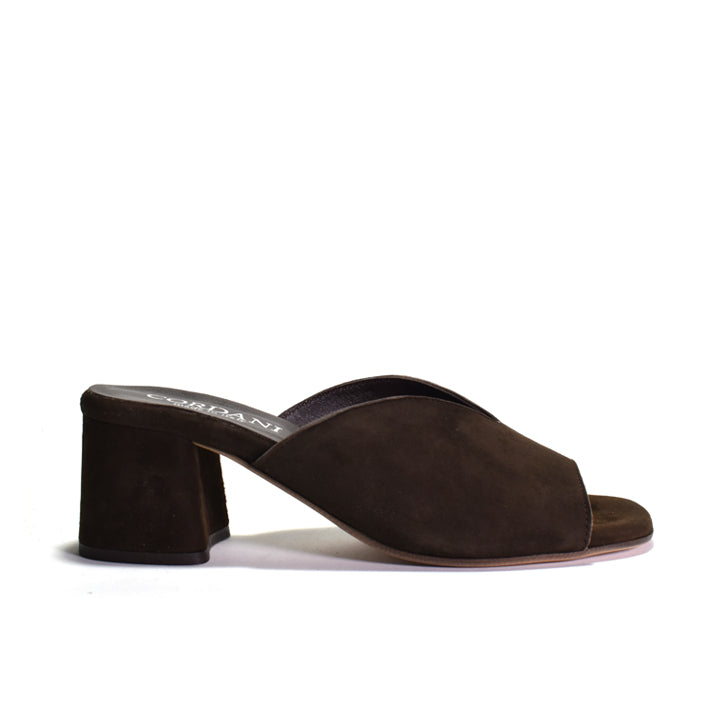 Brown suede mule sandal with a wrapped block heel and an open toe 