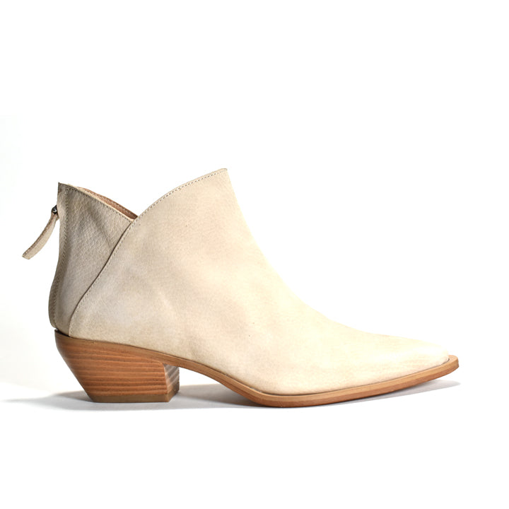 Beige ankle boot with brown heel on a white background