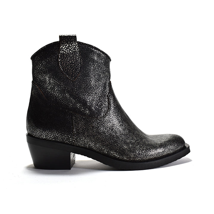 Black glittery ankle boot on a white background