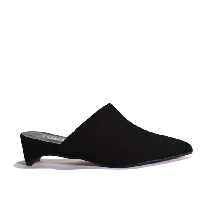 A single black pointed-toe mule with a low block heel, shown in profile against a plain white background.