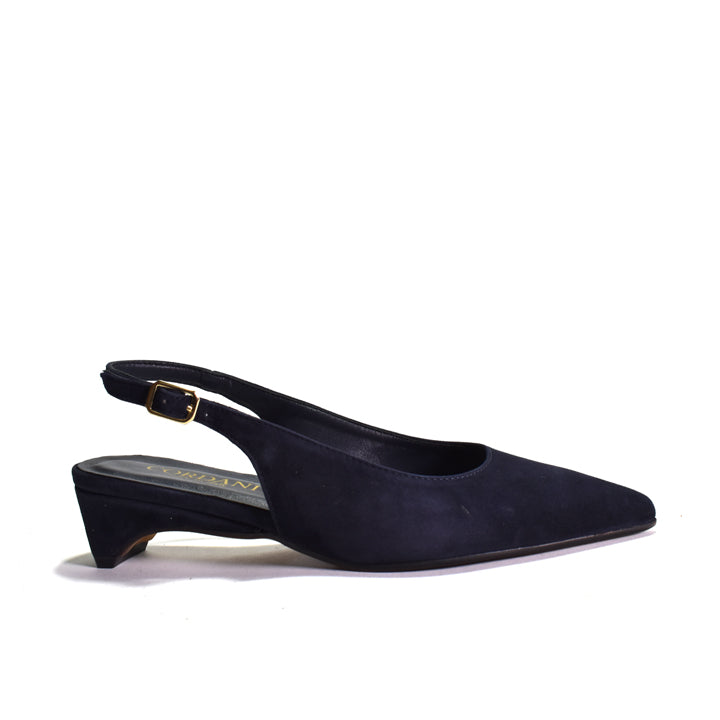 Navy suede slingback shoe on a white background