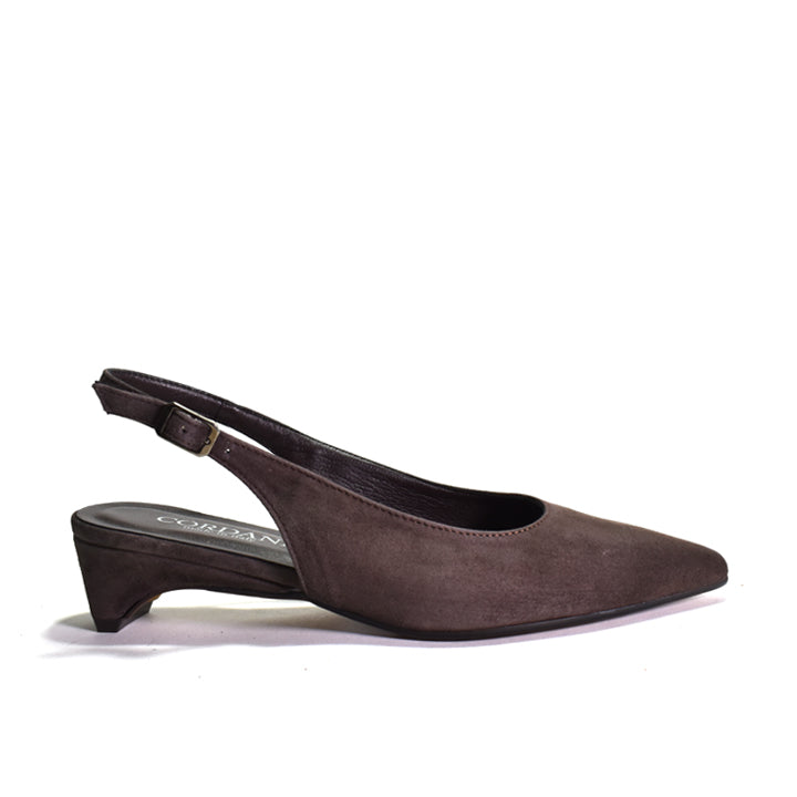 A single dark brown suede slingback pump with a low block heel and pointed toe, shown from a side profile on a white background.