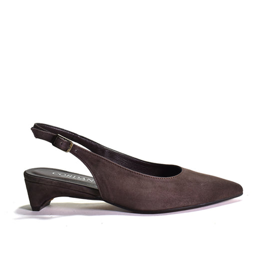 A single dark brown suede slingback pump with a low block heel and pointed toe, shown from a side profile on a white background.