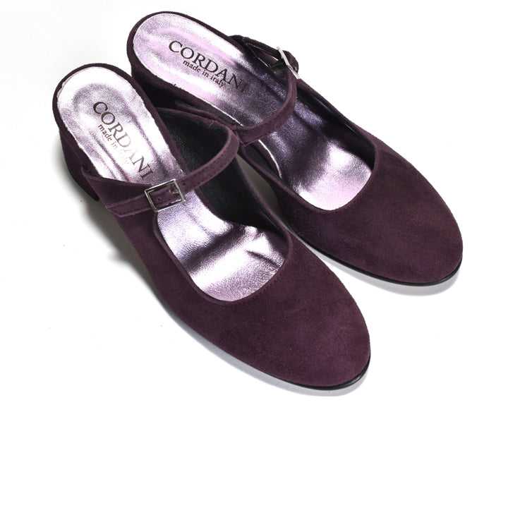 Pair of purple suede Mary-jane inspired slip open backed pump on wrapped block heel