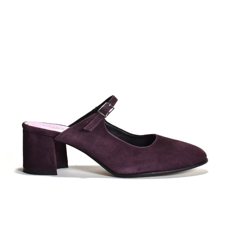 Purple suede Mary-jane inspired slip open backed pump on wrapped block heel