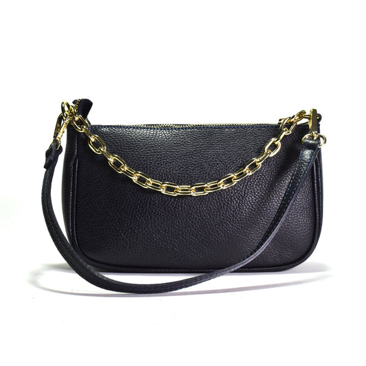 Navy handbag with a gold chain strap on a white background