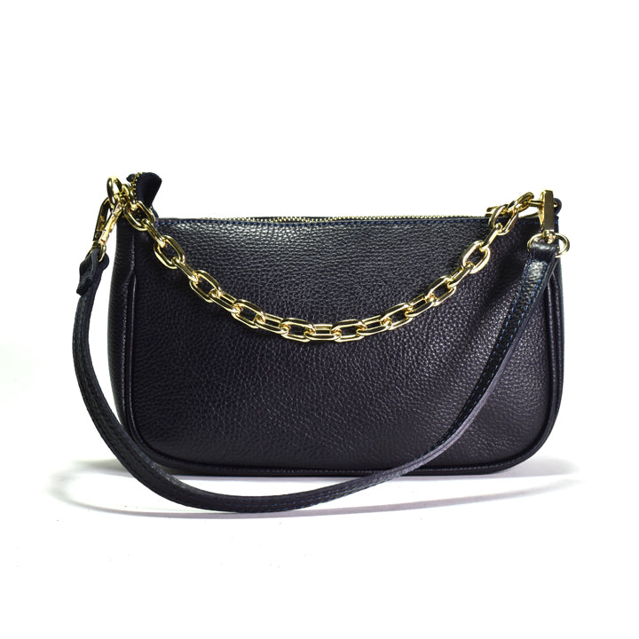 Navy handbag with a gold chain strap on a white background
