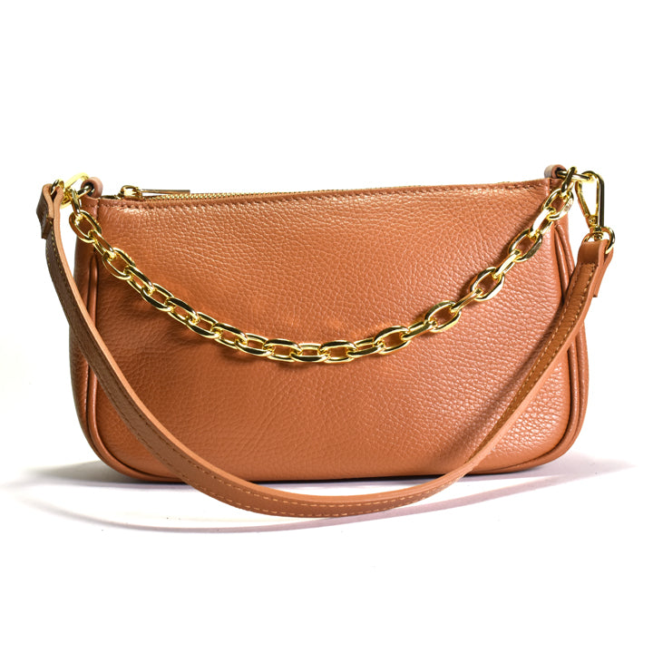 Brown handbag with a gold chain strap on a white background