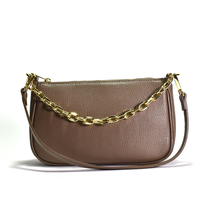 Brown handbag with a gold chain strap on a white background