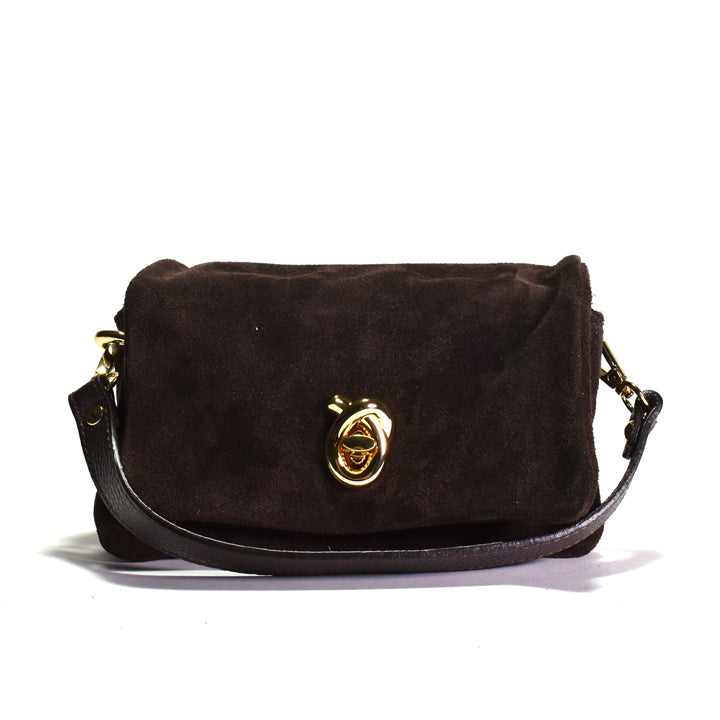 Brown suede handbag with gold clasp on a white background