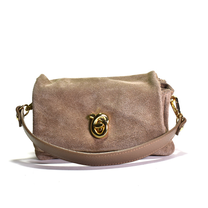 Beige handbag with gold accents on a white background