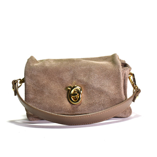 Beige handbag with gold accents on a white background