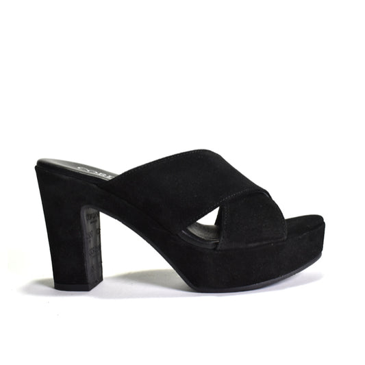 black Suede criss-cross sandal on wrapped platform heel