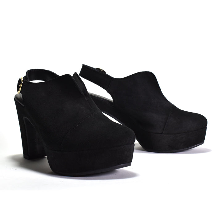 A pair of black platform slingback high heels made of suede, shown from the side and back on a white studio background.