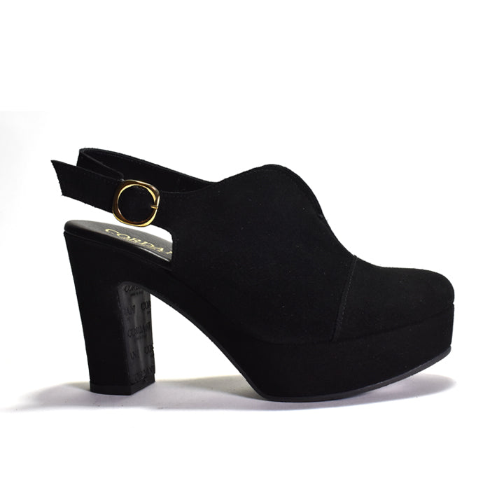 A black platform slingback high heel shoe with a block heel, ankle strap, and a gold-tone circular buckle, shown against a plain white background.