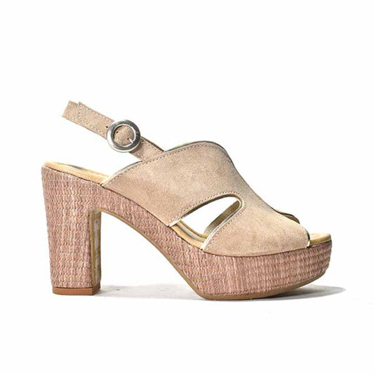 A beige suede slingback sandal with a wrapped buckle and platform heel.