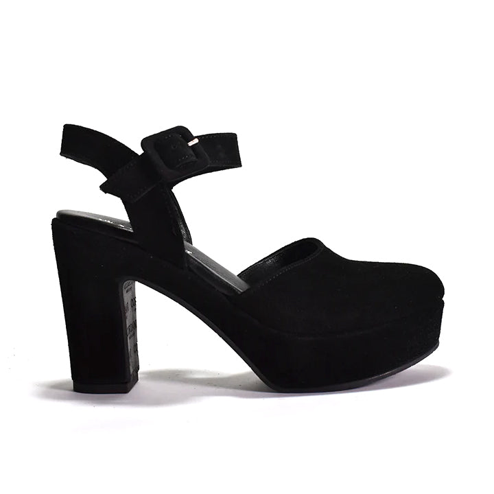 Black closed-toe sandal with ankle strap and wrapped heel, showing a lightly padded leather footbed and rubber sole.