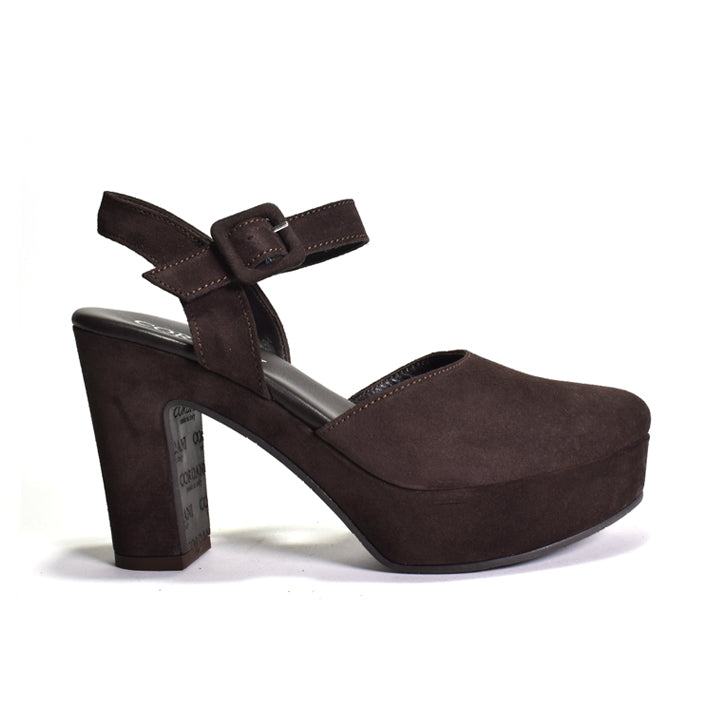 Brown platform sandal with a block heel on a white background