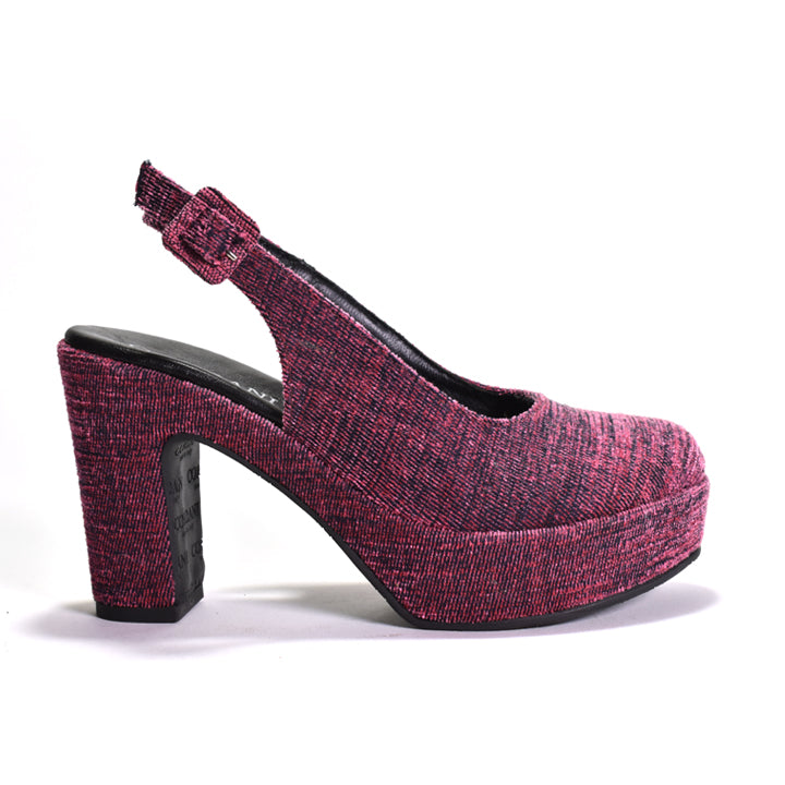 A single women's slingback platform pump with a chunky block heel, featuring a textured marled fabric upper in a deep magenta and black pattern, shown against a plain white background.