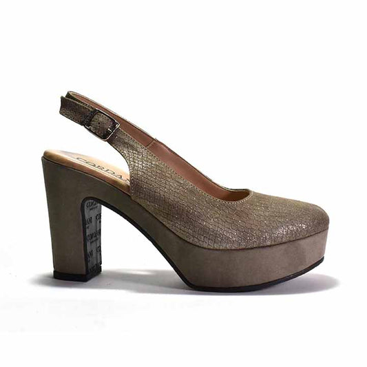 grey, closed-toe, high-heeled sandal with a platform sole and a slingback strap.