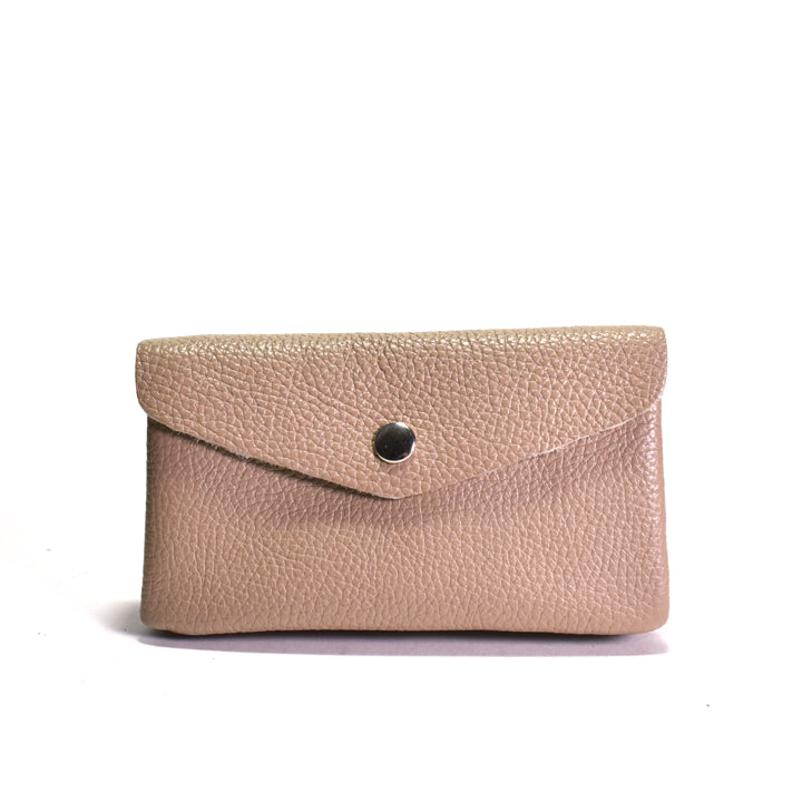 Beige leather wallet with a silver clasp on a white background