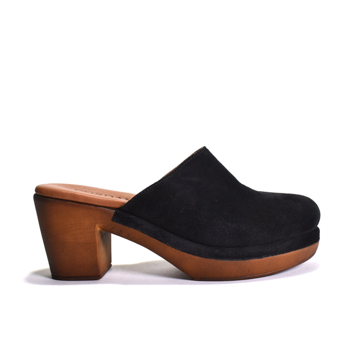 Black suede clog shoe with wooden sole on a white background