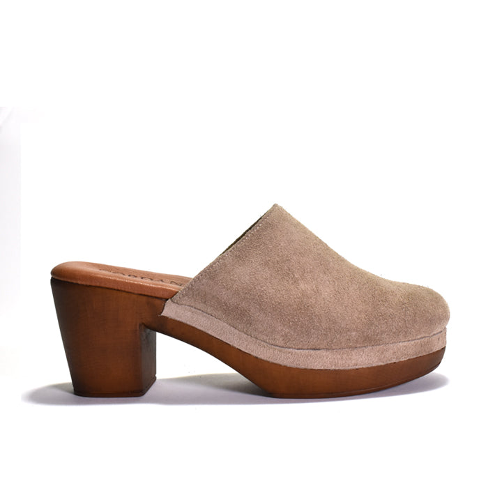 Brown suede clog shoe on a white background
