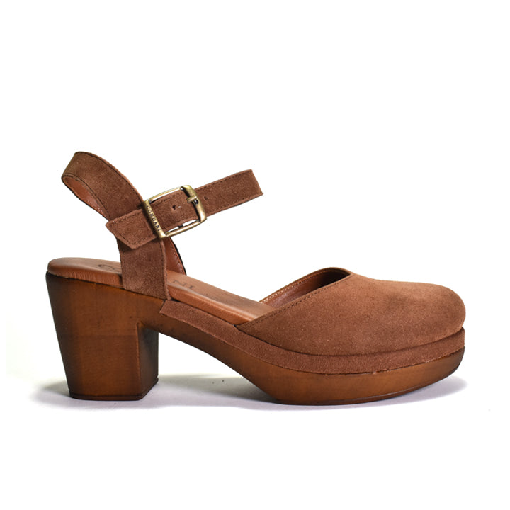 Brown suede sandal with wooden block heel on a white background