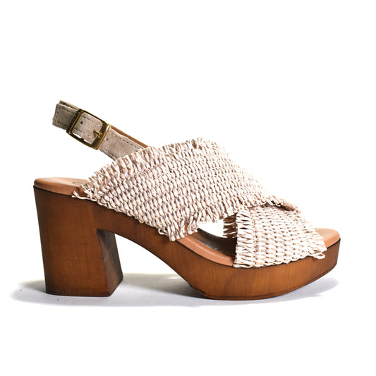 Beige woven sandal with wooden heel on a white background