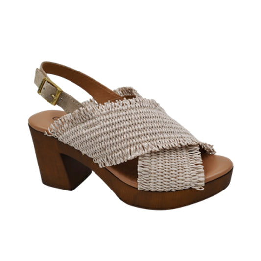 Beige woven sandal with wooden heel on a white background