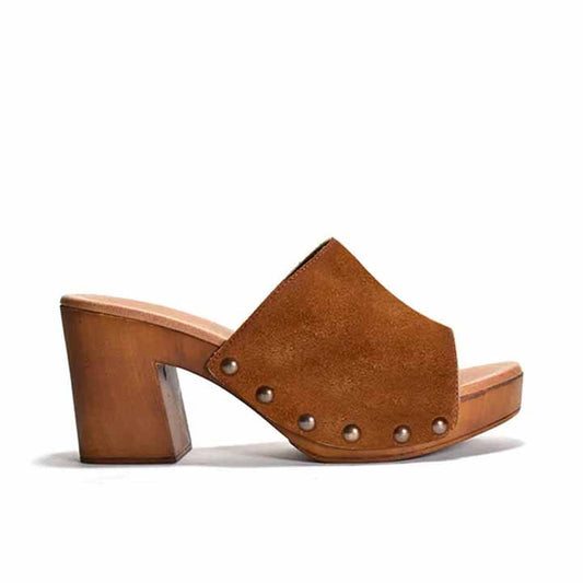 brown suede Slip on sandal with stud detail on wood-like platform