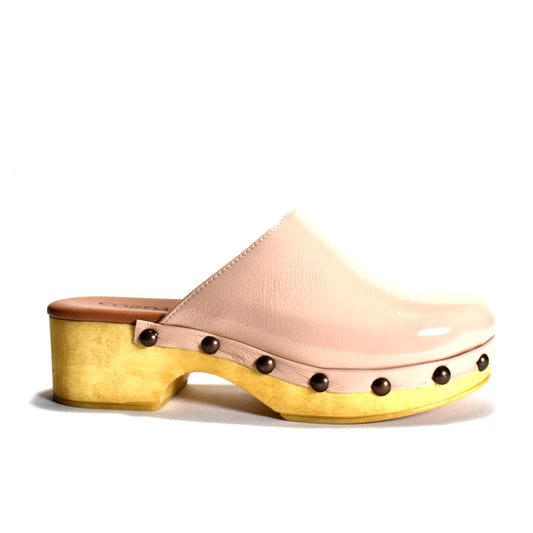 bEIGE clog shoe with wooden-LIKE sole on a white background