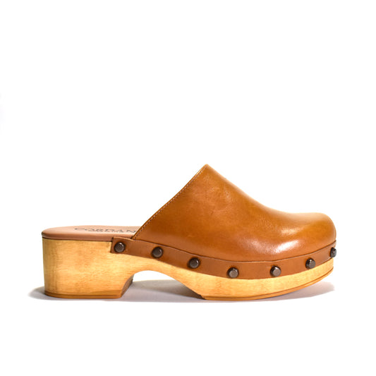 brown leather clog
