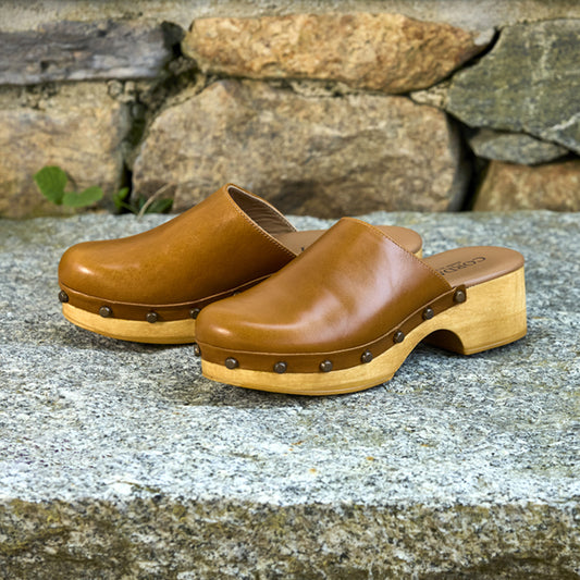 Pair of brown leather clogs with wooden soles on a stone surface.